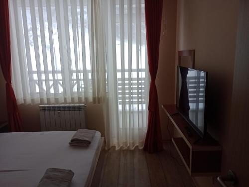 um quarto com uma cama e uma televisão de ecrã plano em апартамент Крис 513 Stream tesort em Pamporovo