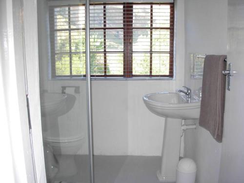 a bathroom with a glass shower and a sink at Oltmans farm stay in De Rust