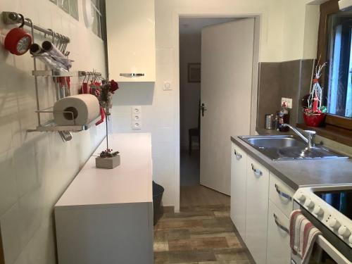 a kitchen with a sink and a white counter top at Birgele in Riquewihr