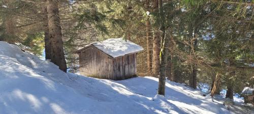 a small wooden out house in the snow at Les Colibris - Standing et Jardin - 3 étoiles in Cluses