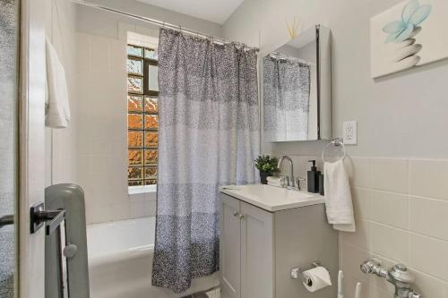 uma casa de banho branca com um lavatório e um chuveiro em Pleasant 2BR Apt with Furnished Kitchen - Troy 2 em Chicago