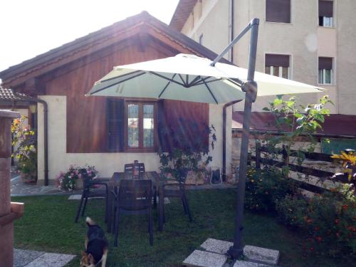 a white umbrella in a yard with a table and a dog at casetta Vittorio in Mezzolago