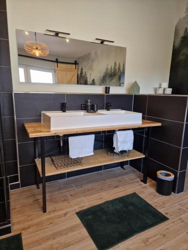 a bathroom with a sink and a mirror at Ferienhaus Polly in Taucha