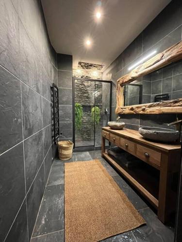 une salle de bain avec un lavabo et une douche avec un miroir dans l'établissement Appartement Haussmannien a 200m des Halles., à Narbonne