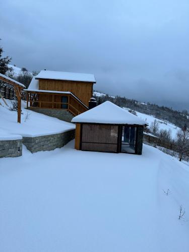 a house with snow on the ground in front of it at Садиба Трембіта з сауною та чаном in Rakhiv