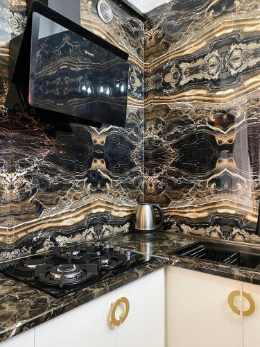 a kitchen with a stove and a tv on a counter at Shirbakyan Boutique Hotel & Apartments in Yerevan