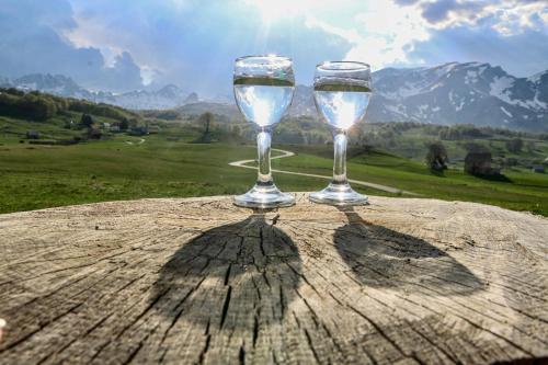 two glasses of wine sitting on top of a table at Organic Family Farm in Žabljak