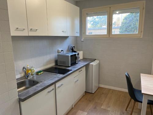 mała kuchnia ze zlewem i kuchenką mikrofalową w obiekcie A Narbonne studio quartier Horte neuve w mieście Narbona