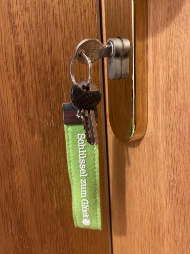 a lock on a wooden door with a key at ZumGlückFrei in Passau