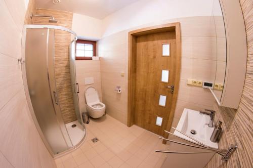a bathroom with a toilet and a shower and a sink at Apartmán Benecko 213 in Benecko