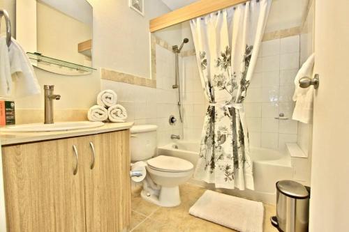 uma casa de banho com um WC, um lavatório e um chuveiro em Ocean & Marina Views 3 Bedroom 2 Bathroom Luxury Condo em Fajardo
