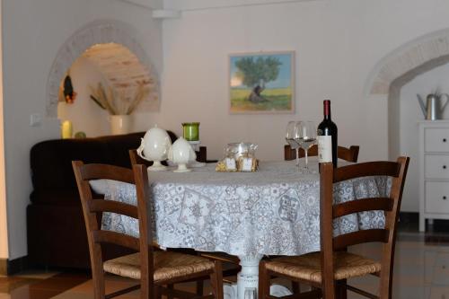 a dining room table with a white table cloth and wine glasses at BORGANTHIA in Alberobello