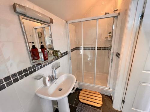 a bathroom with a sink and a shower at The Mermaids Watch Pendine DOG FRIENDLY in Pendine