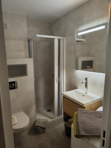 une salle de bain avec une douche, des toilettes et un lavabo dans l'établissement STUDIO Cannes Marina, à Mandelieu-la-Napoule