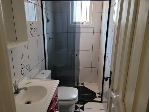 a bathroom with a shower and a sink and a toilet at Casa Mirante Bixo Do Mato II in Muçum