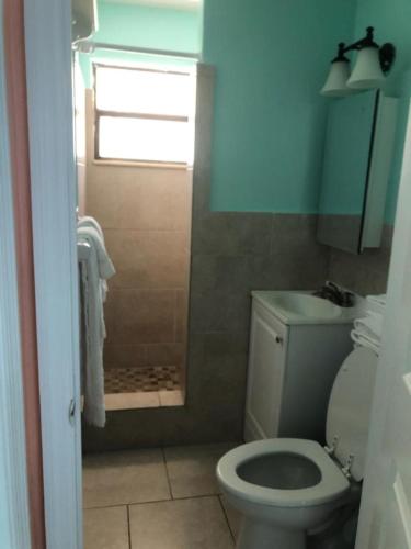 a bathroom with a toilet and a shower with a window at Old Wooden Bridge Resort & Marina in Big Pine Key