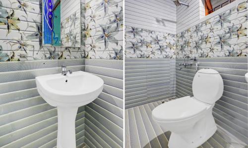 two pictures of a bathroom with a toilet and a sink at Itsy Hotels Rain Forest in Ooty