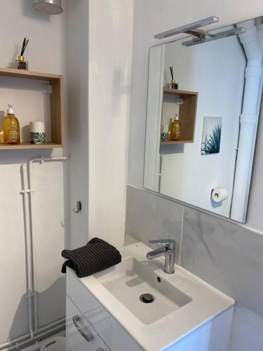 une salle de bain blanche avec un lavabo et un miroir dans l'établissement Chez Mathilde Appartement Calais Nord Citadelle, à Calais