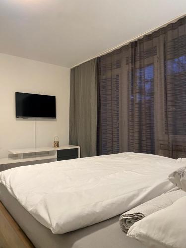 a bedroom with a large bed and a flat screen tv at Blue Sky Apartment in Zagreb
