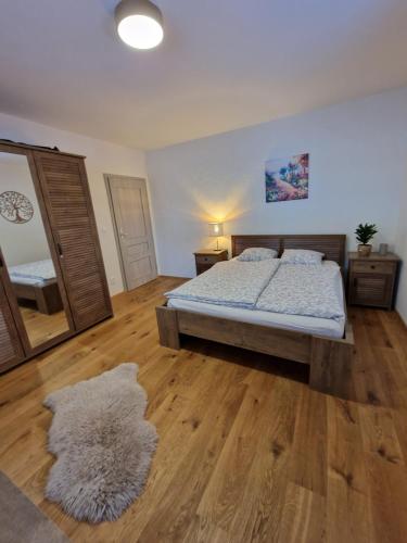 - une chambre avec un lit, un miroir et un tapis dans l'établissement Apartmán Piri, à Mýto pod Ďumbierom