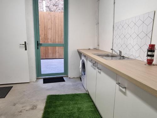 eine Küche mit einer Spüle und einer Waschmaschine in der Unterkunft Mon Petit Patio - 4 chambres in Fourques