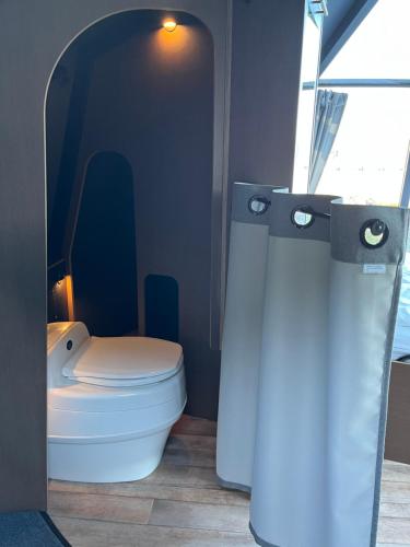 a bathroom with a white toilet in a room at Elvegård Fjordcamp in Grov