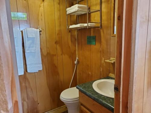 a wooden bathroom with a toilet and a sink at Old Wooden Bridge Resort & Marina in Big Pine Key