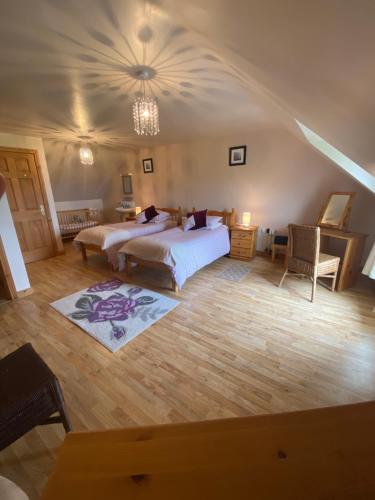 a bedroom with a bed and a chandelier at Beachview Cottage Co. Antrim in Cushendun