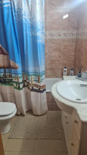 ein Badezimmer mit einem Waschbecken, einem WC und einem Duschvorhang in der Unterkunft Mediterraneo in La Pineda