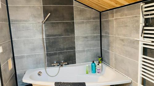 ein Bad mit einer Dusche und einem weißen Waschbecken in der Unterkunft Studio cros in Castres