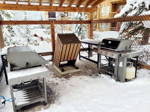 a patio with a grill and a stove in the snow at Panorama Springs Lodge in Panorama