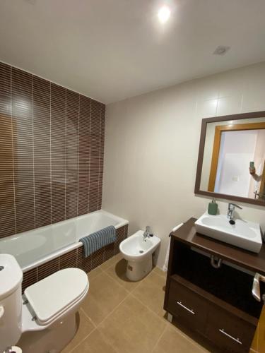 La salle de bains est pourvue de toilettes, d'un lavabo et d'un miroir. dans l'établissement Apartamento Vera Playa, à Vera