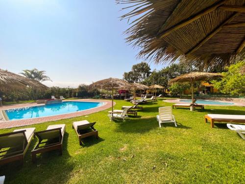 um resort com uma piscina com cadeiras e guarda-sóis em Bungalows de Casa Verde em Mala