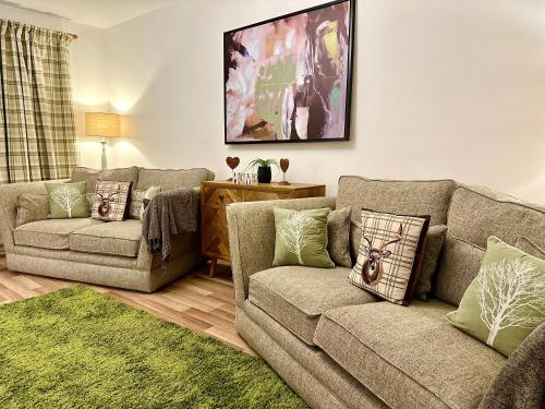 a living room with two couches and a green rug at THREE BEDROOM Rural, relaxing and peaceful,DOGS welcome! in Abergavenny