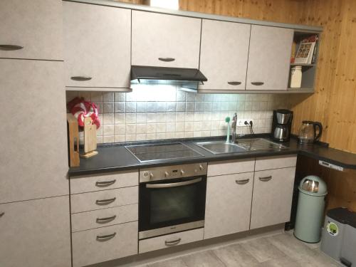 a kitchen with white cabinets and a sink at Kranich-Holzferienhaus 'Kleine Auszeit' in Rehden