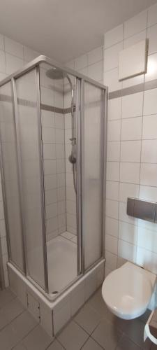 a shower stall in a bathroom with a toilet at Gaststätte Zur Tribüne in Pfungstadt