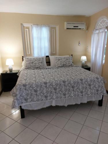 ランアウェイ・ベイにあるCozy Villa Escapeのベッドルーム1室(白いベッドカバー付きの大型ベッド1台付)