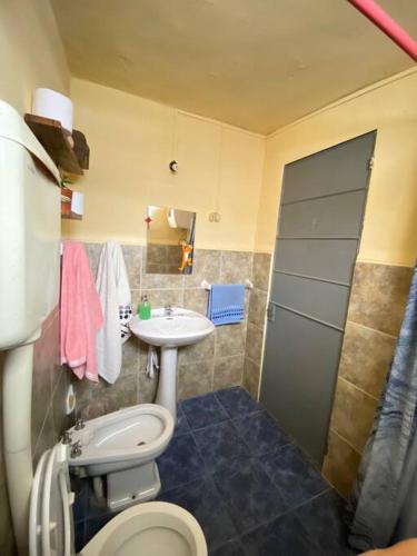a bathroom with a toilet and a sink and a shower at Humilde espacio en el corazón de Minas in Minas