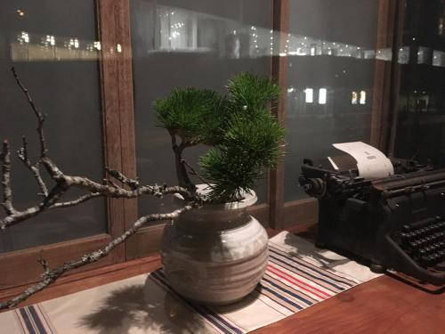 um vaso com uma planta ao lado de uma máquina de escrever em Azukiya em Quioto