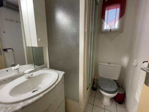 une salle de bain avec un lavabo et des toilettes et une fenêtre dans l'établissement Maison 2 pièces/mezzanine climatisée, 6 couchages, proche mer avec terrasse et parking privé - FR-1-225D-161, à Saint-Cyprien