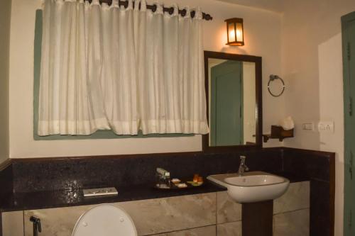 a bathroom with a sink and a toilet and a mirror at Blackberry Hills Munnar Nature Resort & Spa in Munnar