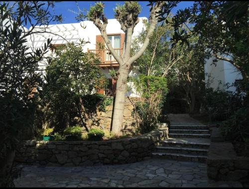 a house with a stone wall and a tree at Private Town Apartments by Mykonos Eight in Mýkonos City