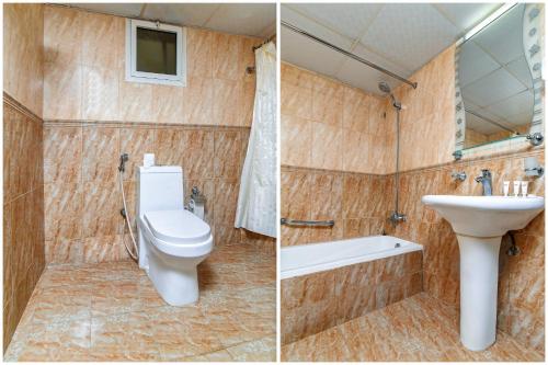 twee foto's van een badkamer met toilet en wastafel bij OYO 492 Gulf Star in Dubai