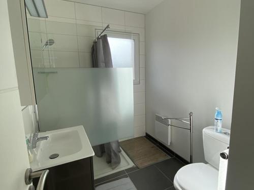 a white bathroom with a sink and a toilet at Maison Capbreton, 3 pièces, 6 personnes - FR-1-413-115 in Capbreton