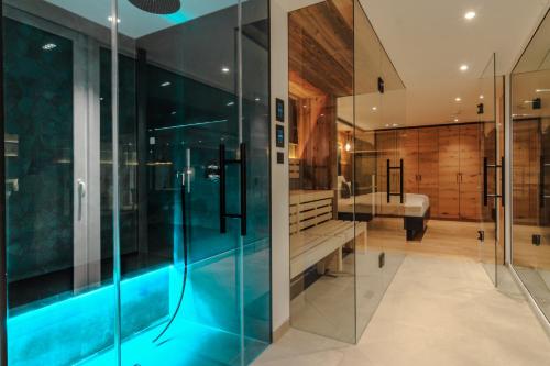 a bathroom with a glass shower and a sink at Wirthshof Hotel & Chalets in Markdorf
