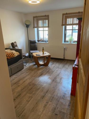 a living room with a coffee table and a couch at Ferienwohnung sentio-comfortable Saalfeld in Saalfeld
