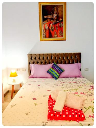 - une chambre avec un lit doté d'oreillers violets et roses dans l'établissement Élégante Maison ' in Sidi Bou Saïd confartable, Spacieux, Central, à Sidi Bou Saïd