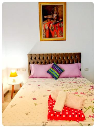 a bedroom with a bed with purple and pink pillows at Élégante Maison ' in Sidi Bou Saïd confartable, Spacieux, Central in Sidi Bou Saïd