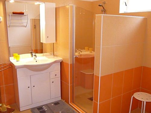 a bathroom with a shower and a sink and a toilet at Hévíz Erika Apartman in Hévíz