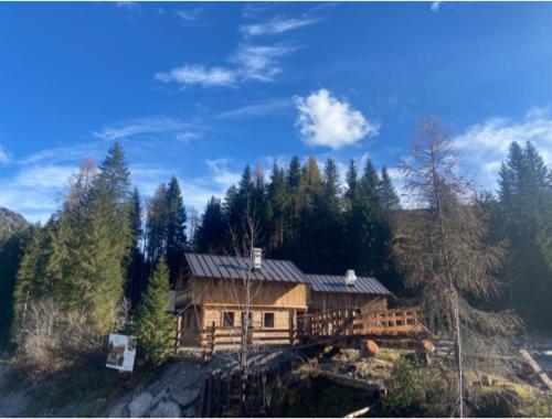a large wooden house in the middle of a forest at Eirl DOLOMITES Retreat Sappada in Sappada